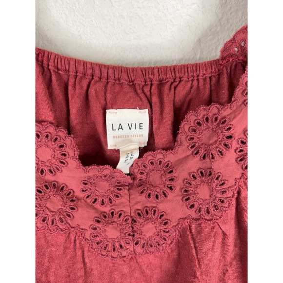 La Vie Rebecca Taylor Womens Blouse Top Small Red Eyelet Puff Sleeve Boho Retro - Picture 6 of 14